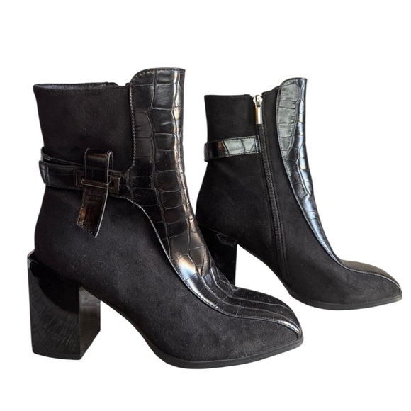 Black Croc-Embossed Heel Ankle Boots With Buckle Size 8 - Picture 1 of 9